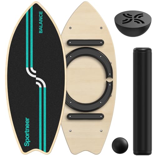 Sportneer Balance Board Upgrade – 8-in-1 Wooden Wobble Board with Roller, Rubber Ball & Half Ball, Balance Trainer for Adults, Core Strength & Physical Therapy Equipment 450 LBS