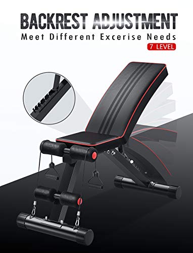 Workout Weight Benches 330lbs Capacity, Dripex Adjustable 7-levels Backrest Bench Press, Foldable Incline Decline Exercise Bench, 6 in 1 Flat Dumbbell Sits-up bench with Elastic Rope for Home Gym