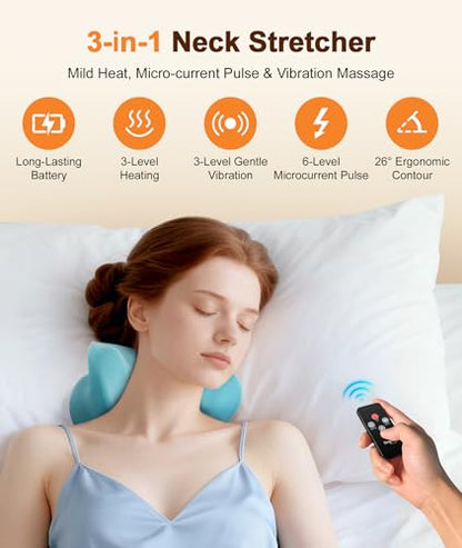 Neck Massager with Heat & Vibration 3 Level Adjustable, Heated Neck Stretcher with 6 Modes, Rechargeable Cervical Traction Device for Pain Relief & Muscle Relaxation, Gift for Women Men