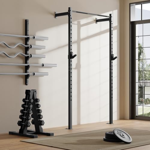 Wall Mounted Power Cage, 900lbs Squat Rack with Pull Up Bar for Home Gym, Space-Saving 2"x2" Pull-Up Station with Adjustable J-Hooks for Garage & Apartment