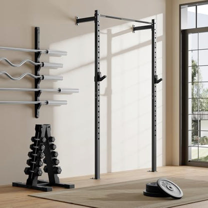 Wall Mounted Power Cage, 900lbs Squat Rack with Pull Up Bar for Home Gym, Space-Saving 2"x2" Pull-Up Station with Adjustable J-Hooks for Garage & Apartment