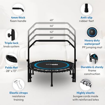 JUMPZYLLA Mini Rebounder Trampoline for Adults, Fitness Trampoline with Bar - color: Blue