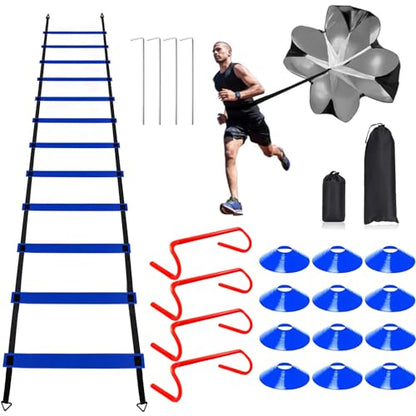 Professional Agility Ladder Speed Training Equipment Set-20ft Agility Ladder,12 Soccer Cones, 4 Agility Hurdles, Running Parachute, Suitable for Soccer Football Basketball Training