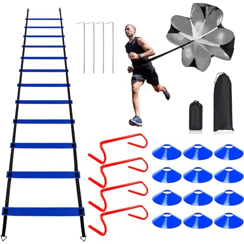 Professional Agility Ladder Speed Training Equipment Set-20ft Agility Ladder,12 Soccer Cones, 4 Agility Hurdles, Running Parachute, Suitable for Soccer Football Basketball Training