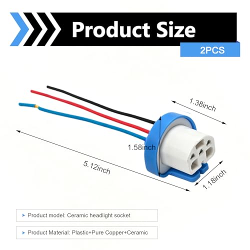 2 PCS Car 9007 Fog Light Socket Wire Harness Connector, High-Temperature Resistant 9007 9004 HB1 HB5 Wiring Harness, 3 Pin Ceramic Pure Copper Connector Plug, for Most Cars (Blue)
