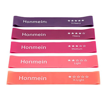 Honmein Resistance Bands for Working Out, Exercise Bands with 5 Resistance Levels Fit for Home Fitness, Strength Training, Natural Latex Resistance Band Include Instruction Guide and Carry Bag - color: Pink