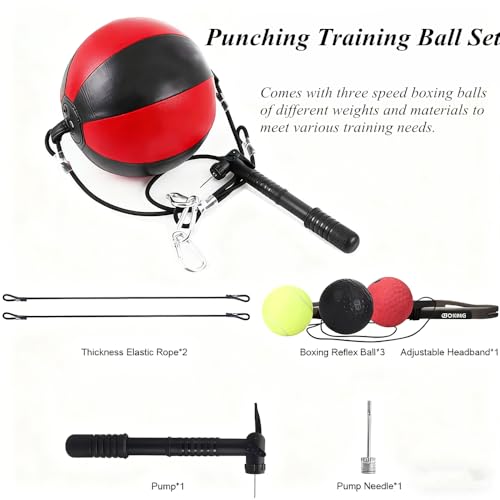 Double End Punching Bag Boxing Striking for Training - Speed Ended Set Includes 3 Reflex Ball Headband and Pump- Portable MMA - color: Red