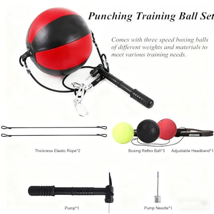 Double End Punching Bag Boxing Striking for Training - Speed Ended Set Includes 3 Reflex Ball Headband and Pump- Portable MMA - color: Red