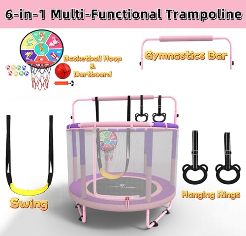 60" 6-in-1 Kids Trampoline, 5ft Mini Toddler Trampoline for Girls Boys - color: Pink&Purple 6-in-1