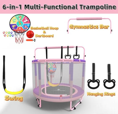 60" 6-in-1 Kids Trampoline, 5ft Mini Toddler Trampoline for Girls Boys - color: Pink&Purple 6-in-1