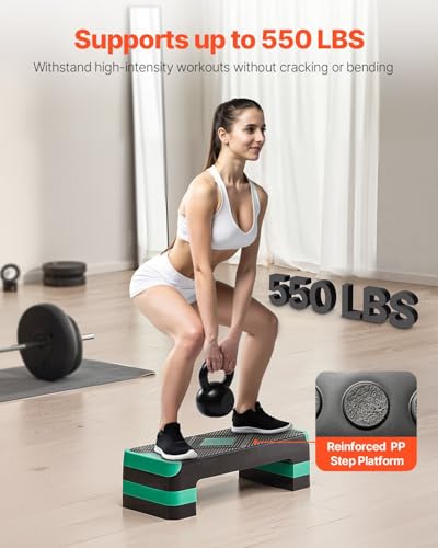 Aerobic Exercise Step Platform, 28-Inch Workout Aerobic Stepper, Height Adjustable Fitness Training Step Deck Trainer with 4 Risers, Non-Slip Surface Bench for Home Gym Cardio Strength, Green