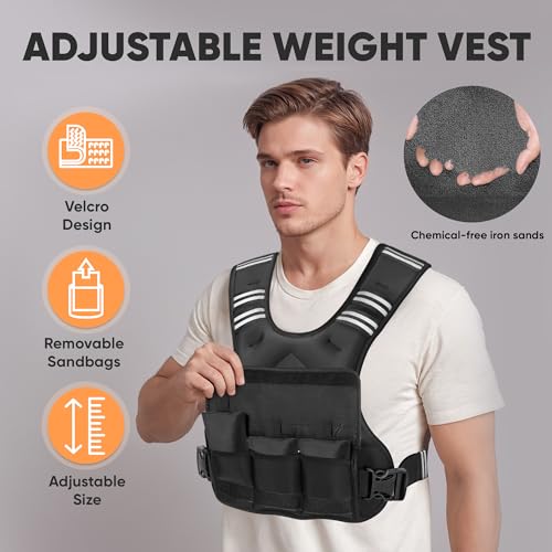 Adjustable Weighted Vest, 4-10lb/12-18lb/20-32lb Vest with 6 Ironsand Weights and Large Pocket, Weight Vest for Men Women Strength Training, Running, Walking - color: Black, size: 20-32lbs