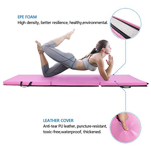 Bonnlo Folding Exercise Aerobics Mat, 6ft x 2ft x 2in PU Leather Mats with Carrying Handles with Hook & Loop Fastener for MMA, Stretching, Cheerleading Martial Arts,Gymnastic