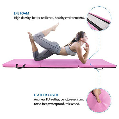 Bonnlo Folding Exercise Aerobics Mat, 6ft x 2ft x 2in PU Leather Mats with Carrying Handles with Hook & Loop Fastener for MMA, Stretching, Cheerleading Martial Arts,Gymnastic