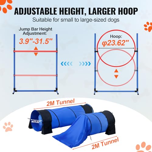 VEVOR Dog Agility Training Equipment, 13pcs Dog Agility Course Backyard Set, 2 Tunnels with Sandbags,Adjustable Hurdles,Weave Poles,Jump Ring,Pause Box, Puppy Obstacle Course Kit with Storage Bag - size: 13 Pcs Set