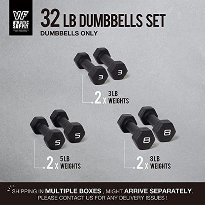 WF Athletic Supply Black Neoprene Dumbbell Set, Non-Slip & Hex Shape, Great for Muscle Toning, Strength Building & Weight Loss; Sizes, Dumbbells Only & w/Rack Options Available