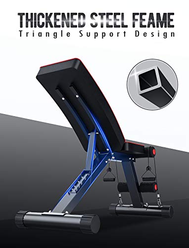 Workout Weight Benches 330lbs Capacity, Dripex Adjustable 7-levels Backrest Bench Press, Foldable Incline Decline Exercise Bench, 6 in 1 Flat Dumbbell Sits-up bench with Elastic Rope for Home Gym