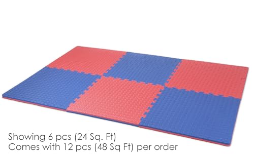 1" Extra Thick 48 sq ft Reversible EVA Gym Foam Floor Mat Tiles (24" x 24"), Steel Pattern, 12 pcs, Blue & Red