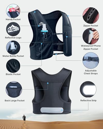 Running Vest for Women Men, Adjustable Running Phone Holder Vest, USA Original Patent, Running Hydration Vest with 500ml Soft Flask, Reflective Running Backpack for Hiking Cycling - size: Medium-Large