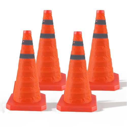 18 Inch 4 Pack Collapsible Traffic Safety Cones, Orange Cones with Reflective Collar, Portable Multipurpose Traffic Cones for Parking Construction Driving Training Sports Practice - size: 18” - 4PACK