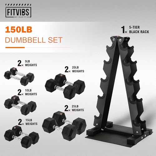 Fitvids Rubber Coated Hex Dumbbell Weight Set and Rack â€“ Dumbbell + A-Rack: 150lbs (5-25lbs Pairs) â€“ Black