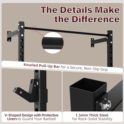 Wall Mounted Power Cage, 900lbs Squat Rack with Pull Up Bar for Home Gym, Space-Saving 2"x2" Pull-Up Station with Adjustable J-Hooks for Garage & Apartment