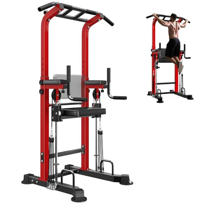 soges Power Tower Dip Station with Assisted Pad, Height Adjustable Pull Up Bar Station Free Standing for Home Gym, Multi-Function Strength Training Full Body Workout Equipment, Red