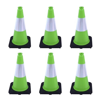 6 Pack 18 Inch Green Reflective Traffic Cones, Durable Black Base Safety Cones for Parking Lots, Sports Fields and Yard Markers (6, Green, 18 Inch)