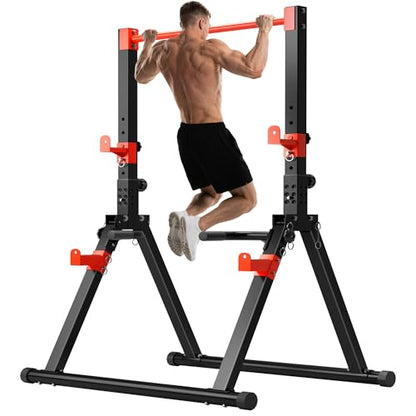 DlandHome Foldable Power Tower Pull Up Bar Dip Station, Adjustable Height Multifunction Workout Pull Up Tower Station for Home Gym, Strength Training Equipment, Triangular Legs, Up to 330lbs - color: Red