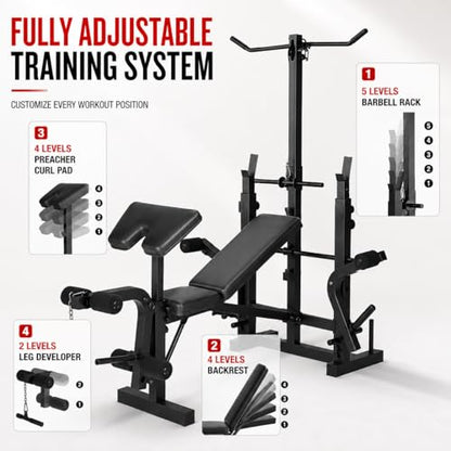 Garvee 8 in 1 Olympic Weight Bench Set with Leg Extension & Curl, Adjustable Bench Press Set with Rack, Preacher Curl Pad, Chest Fly，Lat Pulldown, Multi-Function Home Gym Strength Training Equipment