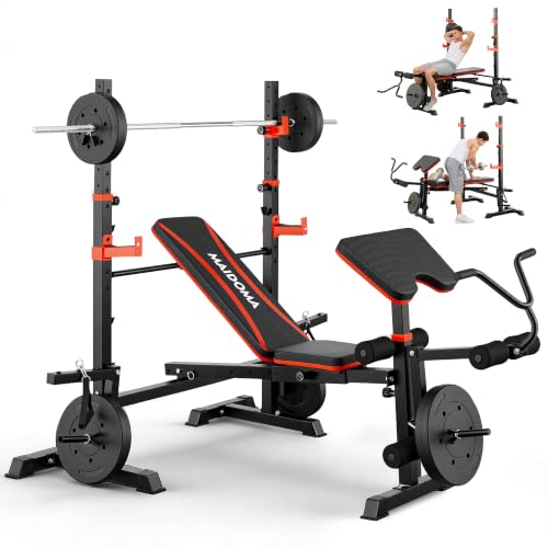 MAIDOMA 8 IN 1 Standard Weight Bench Set with Leg Extension and Leg Curl, Fast Folding & Adjustable Workout Bench for Home Gym,Adjustable Bench Press with Squat Rack.（US Stock） - color: rust red