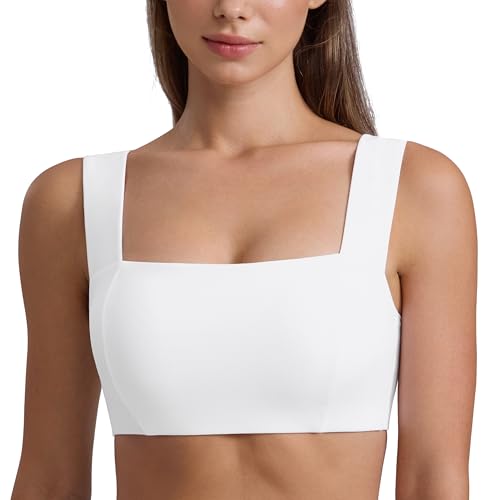 CRZ YOGA Butterluxe Wide Straps Sports Bras for Women - Square Neck Padded Open Back Camisole Yoga Crop Top