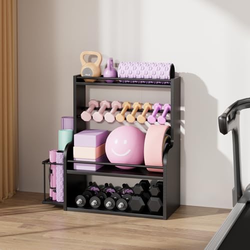 APRTAT Bamboo Dumbbell Rack, Adjustable Weight Rack for Home Gym, All-in-One Workout Equipment Storage for Dumbbells, Kettlebells, Yoga Mats & Balls