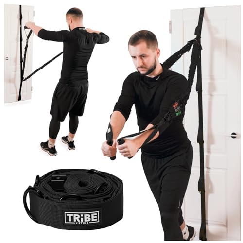 Tribe Lifting Adjustable Resistance Band Anchor - Door Anchor with 5 Loops & Metal Rings, Durable Nylon Strap for Full-Body Workouts - color: Black Door Strap