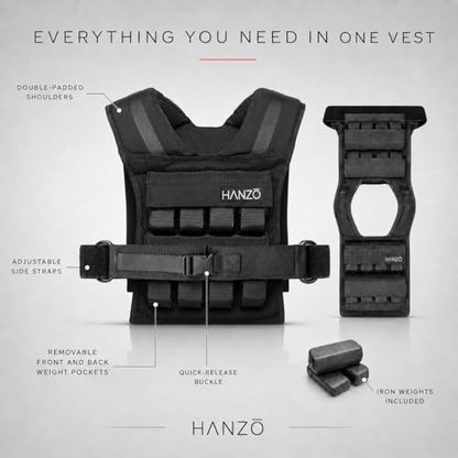 HANZO Weighted Vest for Men & Women 25lbs | 35lbs | 45lbs | 65lbs | Weight Vest With Removable Iron Weights, Adjustable Heavy Duty Weighted Workout Vest for Calisthenics & Fitness Training