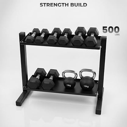 FEBTECH Heavy-Duty 2-Tier gym storage rack for Kettlebells, Compact kettlebell rack design as weight rack for home gym, steel weight storage racks organizer with secure weight holder Black