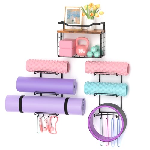 6-Tiers Yoga Mat Holder Wall Mount with Wood Floating Shelves, Yoga Mat Storage Rack Home Gym Accessories with Hooks for Hanging Stretching Strap & Resistance Bands, Yoga Room/Home Gym Decor