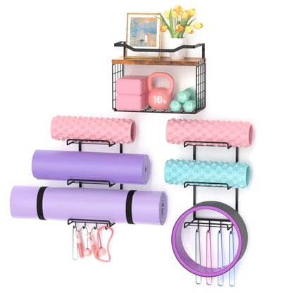 6-Tiers Yoga Mat Holder Wall Mount with Wood Floating Shelves, Yoga Mat Storage Rack Home Gym Accessories with Hooks for Hanging Stretching Strap & Resistance Bands, Yoga Room/Home Gym Decor