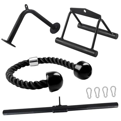 Fitvids Cable Attachment Set 800LB LoadCapacity Tricep Rope, Row Handle, StraightBar, V Bar Commercial Grade Cable MachineAccessories for Home Gym Workouts