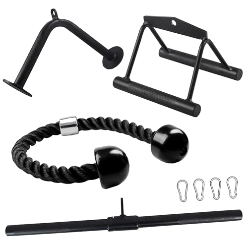 Fitvids Cable Attachment Set 800LB LoadCapacity Tricep Rope, Row Handle, StraightBar, V Bar Commercial Grade Cable MachineAccessories for Home Gym Workouts - size: 5-Piece Set-Black