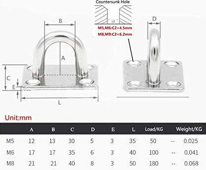 Heavy Duty Pad Eye Plate Staple Ring Hook Loop U-Shaped Sail Shade Hardware - Wall Ceiling Hammock Hooks Hanger for Swing Suspension - Stainless Steel