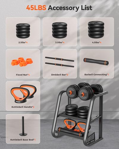 FEIERDUN DS2 Adjustable Dumbbells, 20/30/40/45/70/90lbs Free Weight Set with Connector, 5 in1 Dumbbells Set Used as Barbell, Kettlebells, Push up Stand, Weight Plate, Fitness Exercises for Home Gym Suitable Men/Women - style: D.45LB(22.5LB Pair)