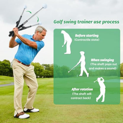 Retractable Golf Swing Trainer for Right-Handed Players, Tempo Stick with Click Feedback, 14.96–27.95 in, Includes Arm Band and Grip Trainer, Indoor Outdoor Warm-Up Practice, Black