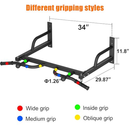 Wall Mounted Pull Up Bar - Heavy Duty Chin Up Bar, Pull-Up Bar for Garage, Joist, Wall Mount - Multifunctional Fitness Bar, Supports up to 600 Lbs - color: Multigrip-Black