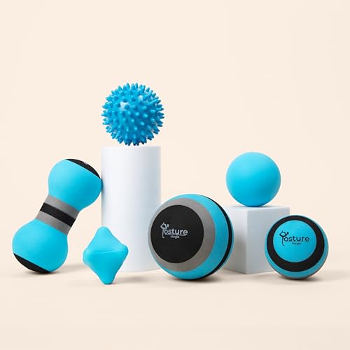 Massage Ball Set for Myofascial Trigger Point Release & Deep Tissue Massage - Set of 6 - Large Foam/Small Foam/Lacrosse/Peanut/Spiky/Hand Exercise Ball (Blue)