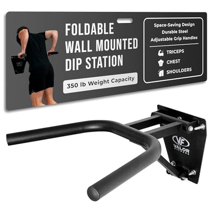 Valor Fitness Wall Mounted Dip Station - Foldable Dip Bar for Home Gym -Heavy Duty Steel Upper Body Training Equipment - Multi Grip Handles for Dips, Leg Raises, and Ab Workout - 350 lb Capacity