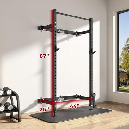 Folding Squat Rack, 2.36"x2.36" Steel Wall Mounted Power Rack for Home Gym Space-Saving Foldable Squat Cage 1000LBS Capacity with Pull Up Bar/J-Hooks/Landmine