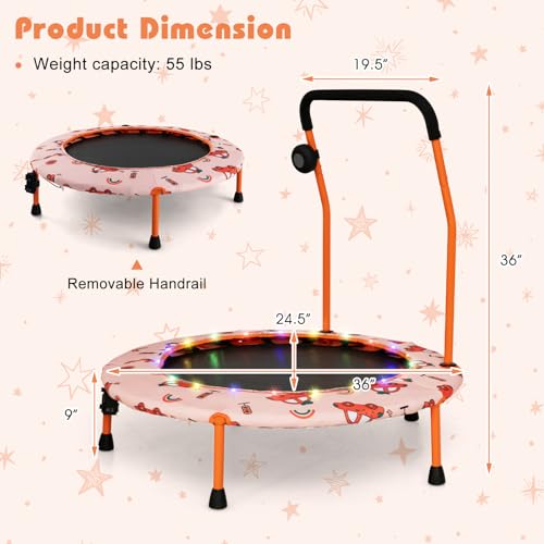 Goplus 36" Mini Trampoline for Kids, Toddler Trampoline with LED Lights, Bluetooth Speaker, Removable Handle, Safe Padded Cover, Indoor Outdoor Small Rebounder for Child Boys Girls