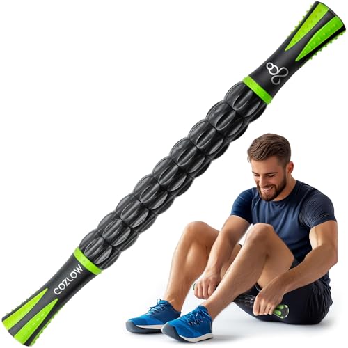 Muscle Roller Stick - Black Green - Hand Held Body Massager with 9 Rollers & Non-Slip Handles - Deep Tissue Massage & Maximum Muscle Recovery - Leg, Back, Arm, Thigh, Butt Sculpting Tool - by Cozlow
