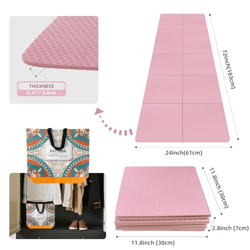 Foldable Yoga Mat 72" L x 24" W x 0.24 Inch，Travel Yoga Mat with Stretch Strap, Non-Slip Folding Yoga Mats for Home/Gym，Pilates Mat/Non Slip Yoga Mat for Fitness